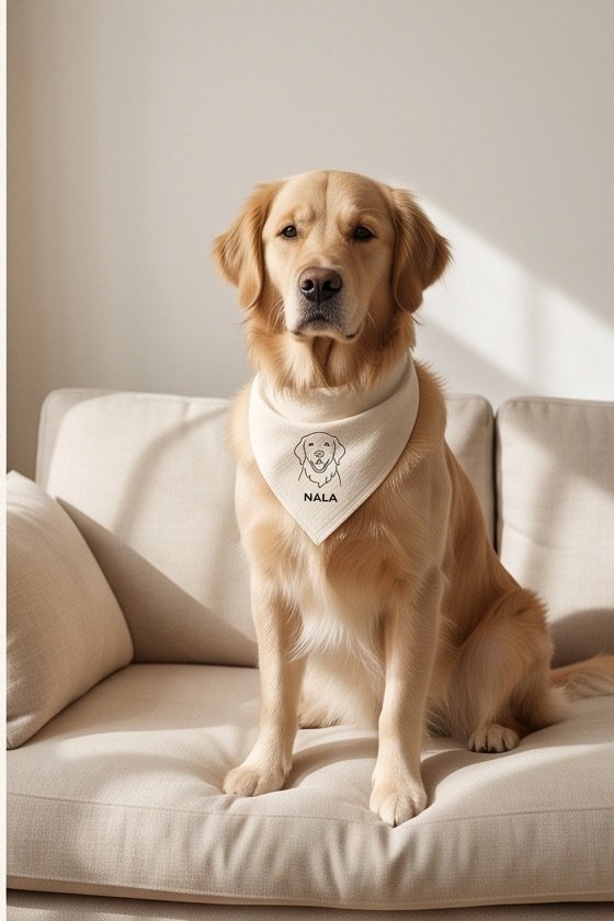 Cão com bandana peludote num sofá de linho